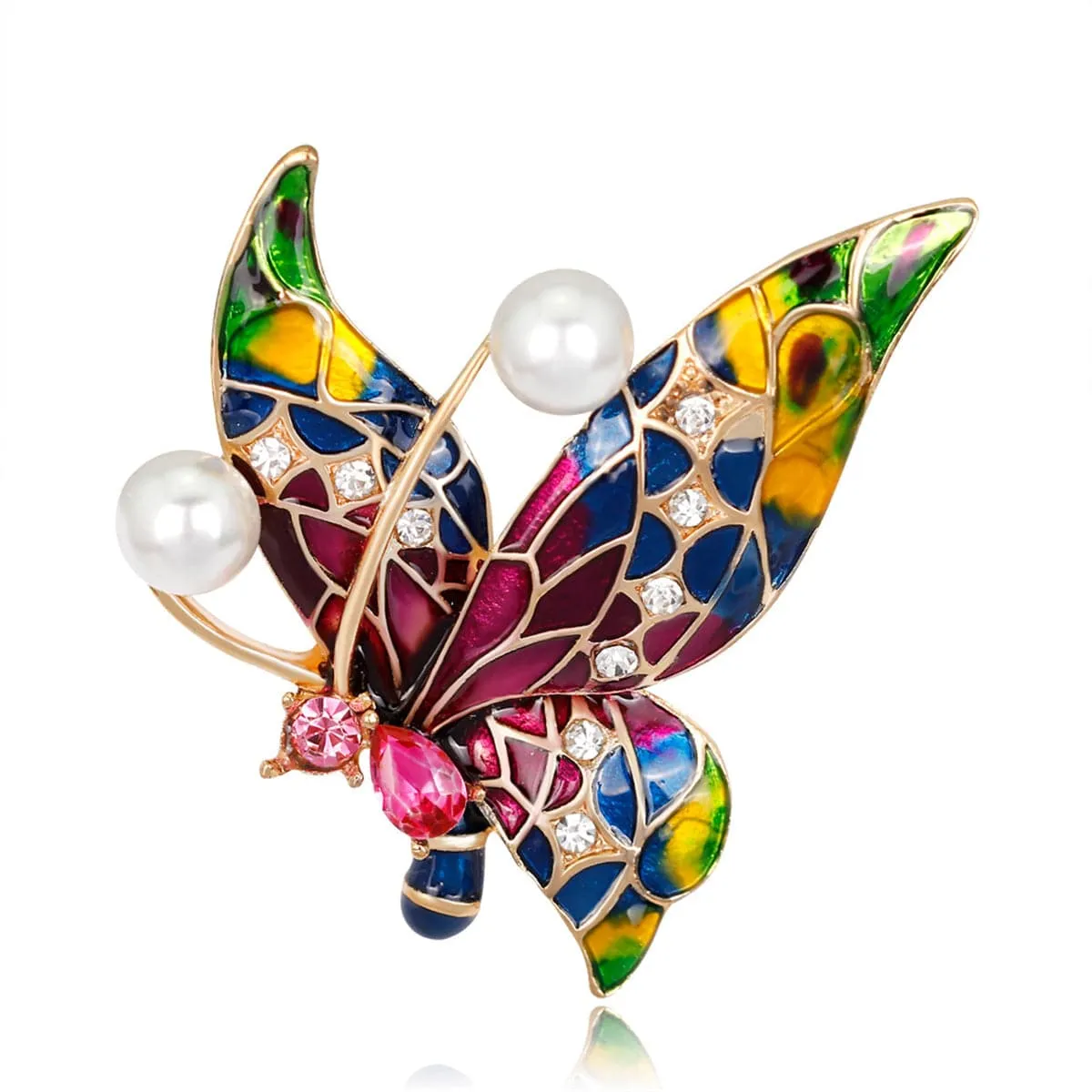 Purple & Green Cubic Zirconia & Pearl Butterfly Brooch