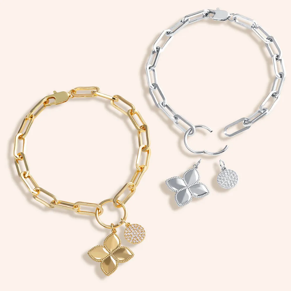 "4 Petals Blossom" Multi Charm Medium Link Chain Bracelet Set - Flower & Pave Circle Charms