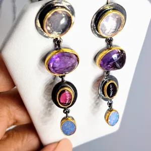 "Black Magic Woman!" 2.25" Earrings - Amethyst, Garnet, Chalcedony, Opal, Black Sterling, 18k Accents