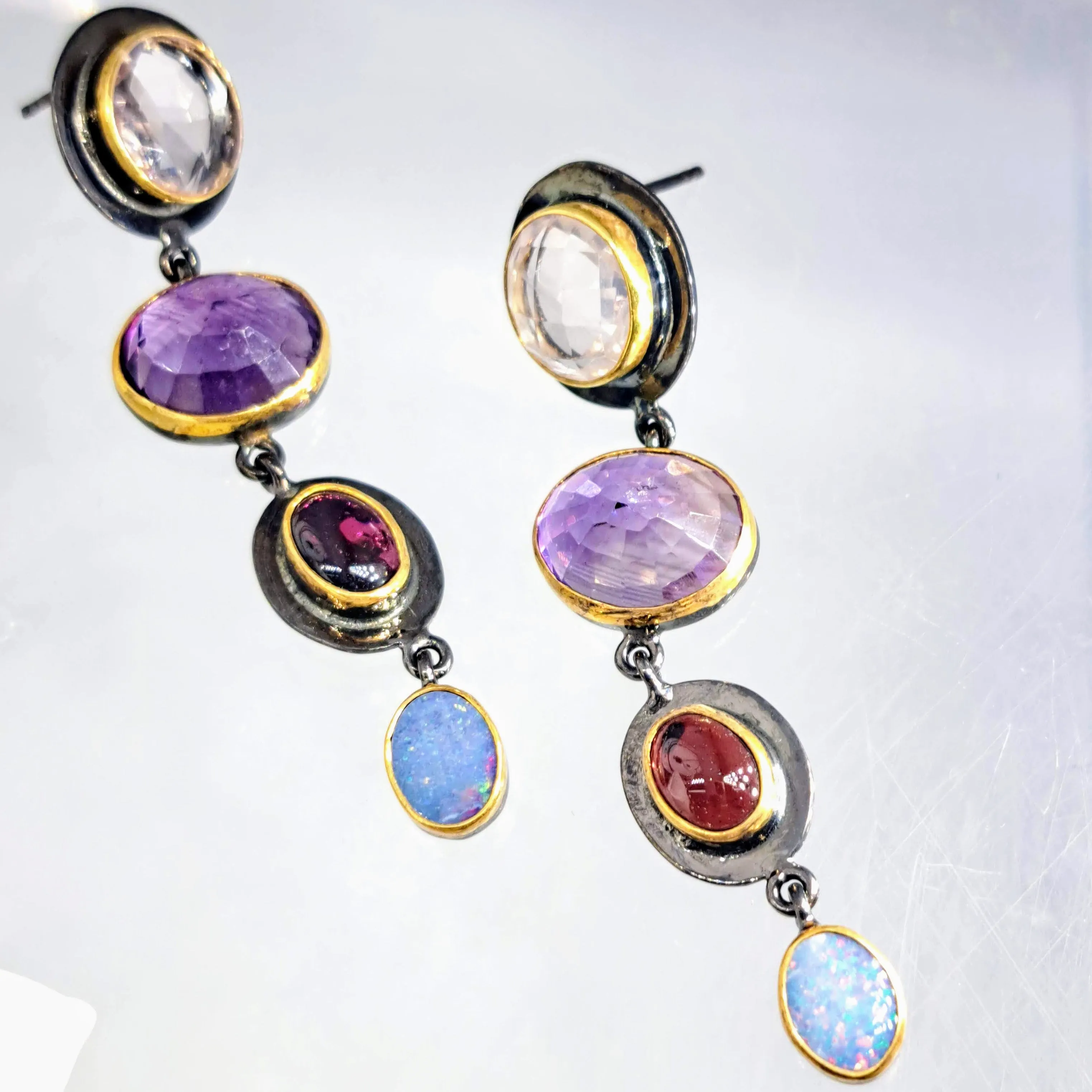 "Black Magic Woman!" 2.25" Earrings - Amethyst, Garnet, Chalcedony, Opal, Black Sterling, 18k Accents