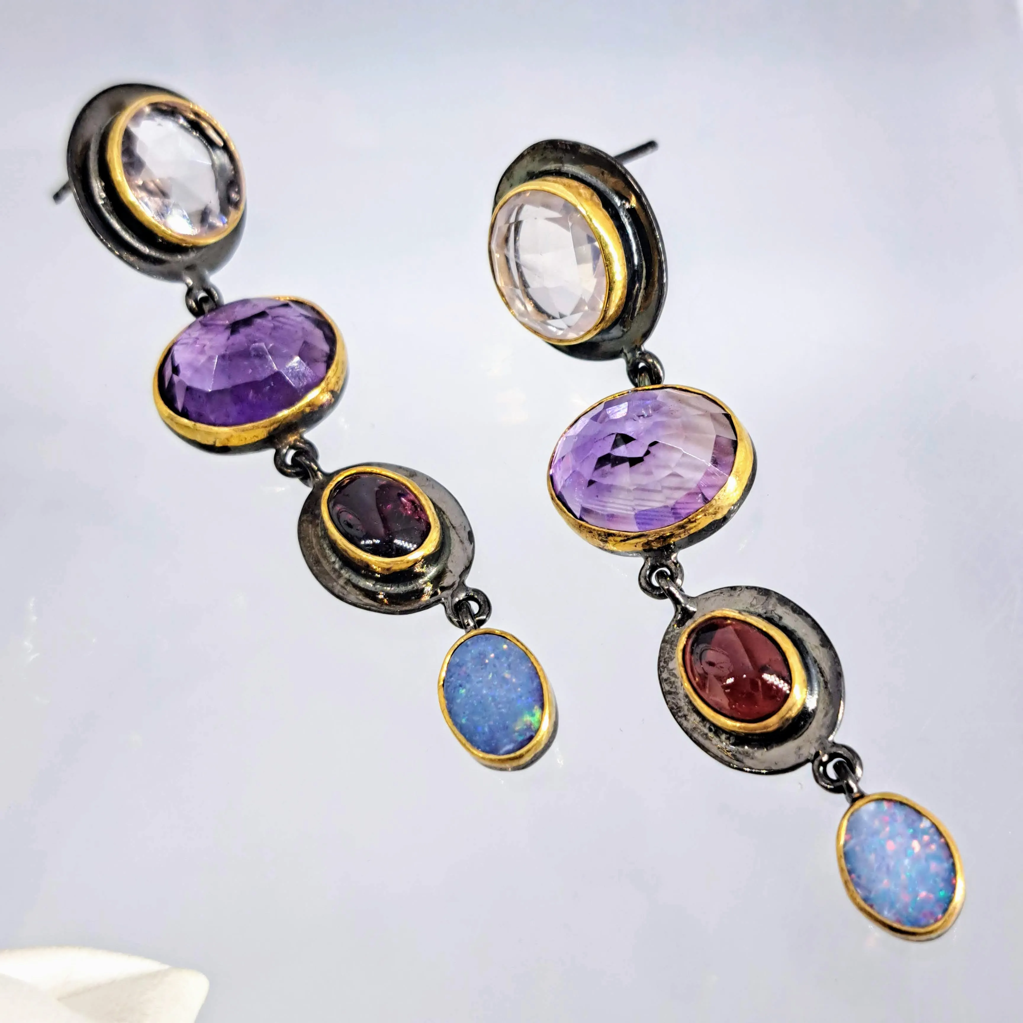 "Black Magic Woman!" 2.25" Earrings - Amethyst, Garnet, Chalcedony, Opal, Black Sterling, 18k Accents