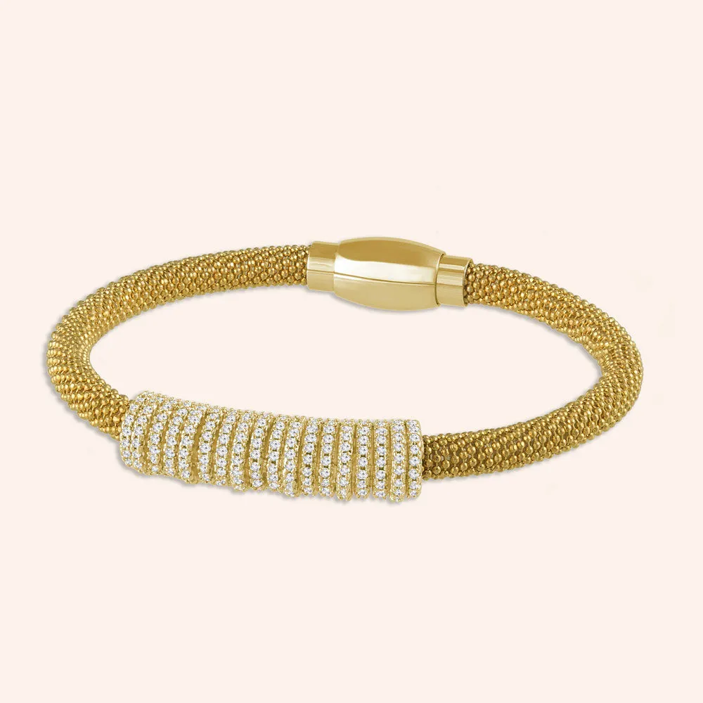"Everlast Icon" Micro-Pave Center Station Diamond Cut Mesh Magnetic Closure Bracelet