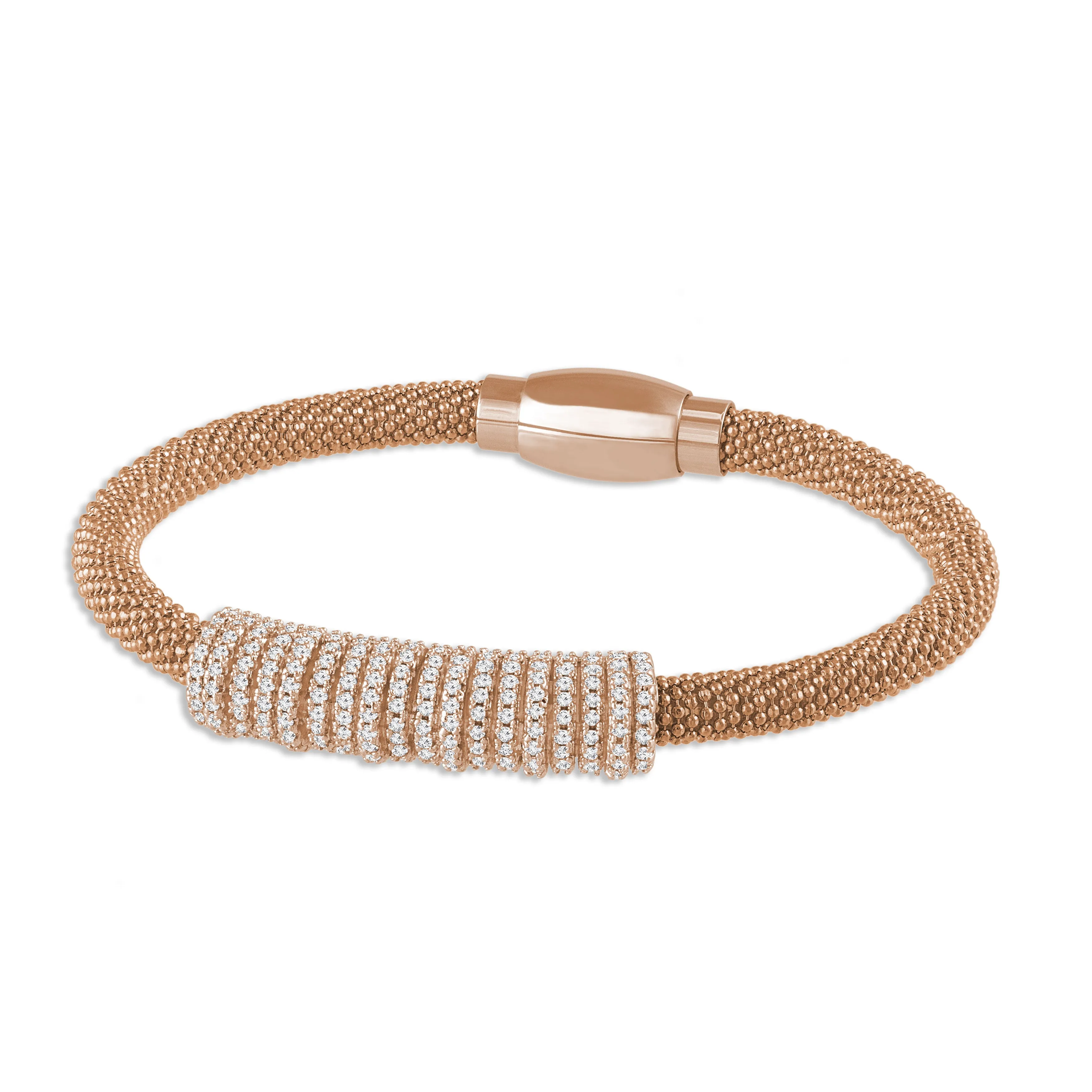 "Everlast Icon" Micro-Pave Center Station Diamond Cut Mesh Magnetic Closure Bracelet