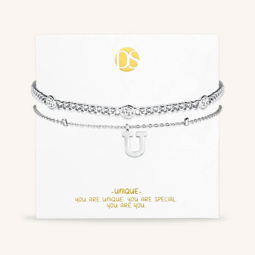"Say my Name" Curb and Rolo Layered Chains Initial Bracelet