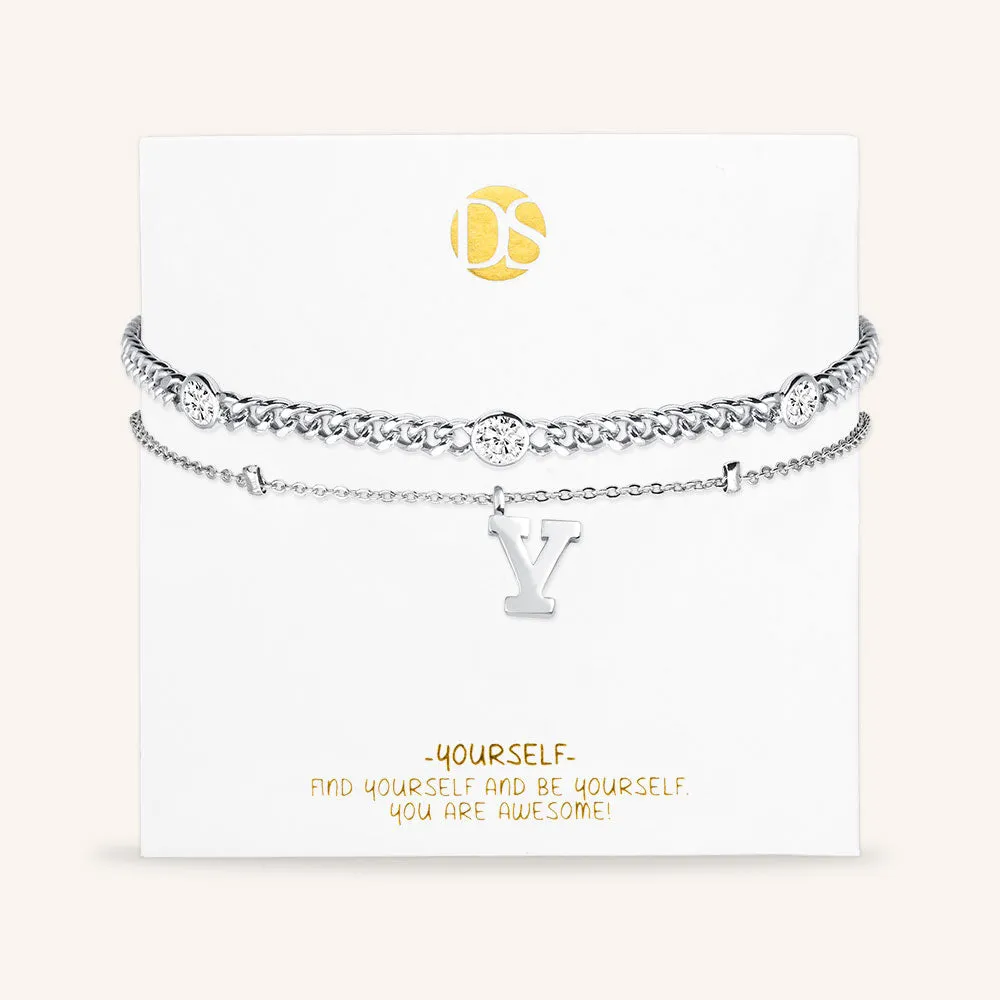 "Say my Name" Curb and Rolo Layered Chains Initial Bracelet