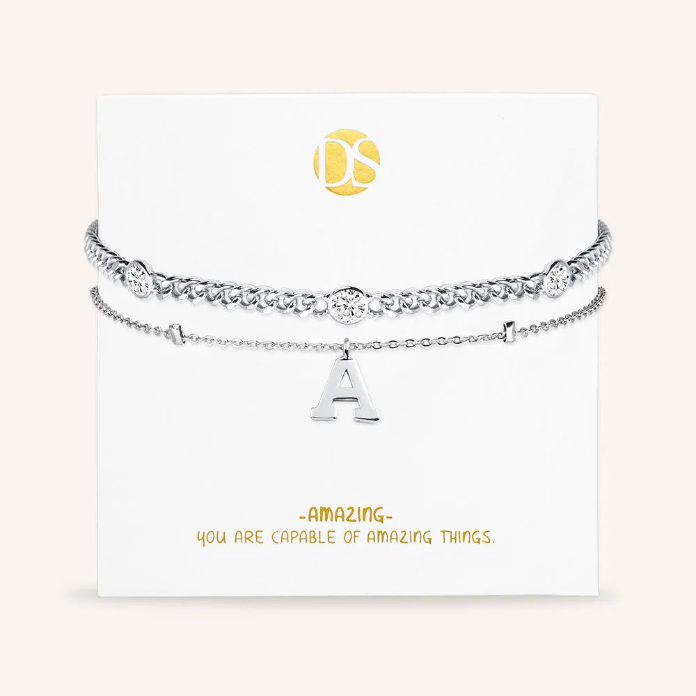 "Say my Name" Curb and Rolo Layered Chains Initial Bracelet
