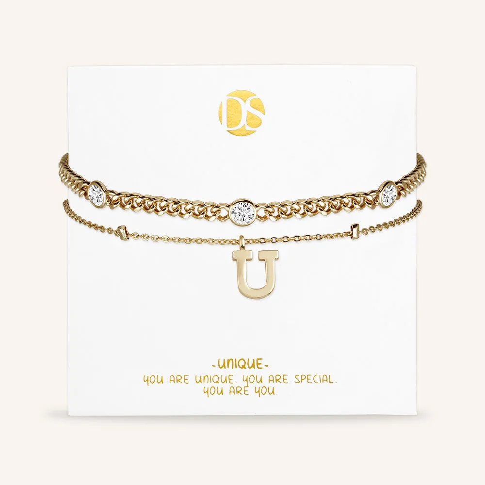 "Say my Name" Curb and Rolo Layered Chains Initial Bracelet