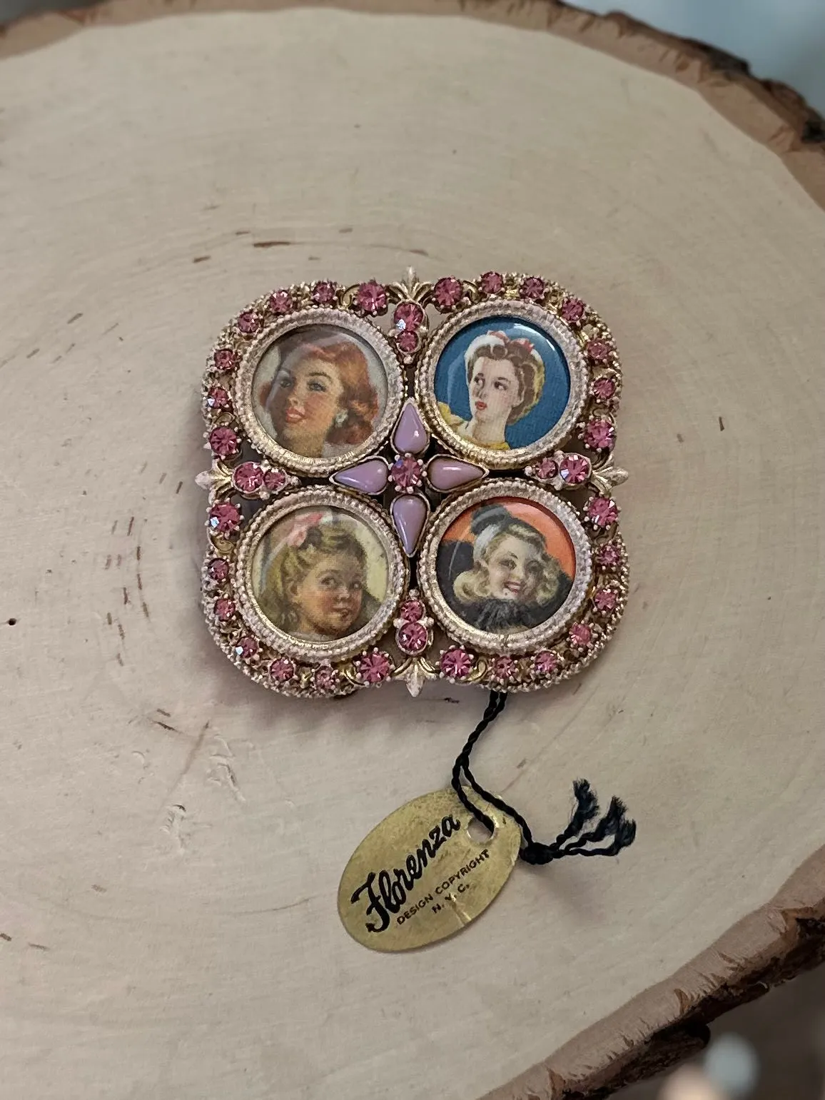 RARE Vintage Midcentury Signed FLORENZA Quartet 4 Picture Easel Back Photo Frame Gold Tone Pink Rhinestones