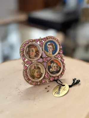 RARE Vintage Midcentury Signed FLORENZA Quartet 4 Picture Easel Back Photo Frame Gold Tone Pink Rhinestones