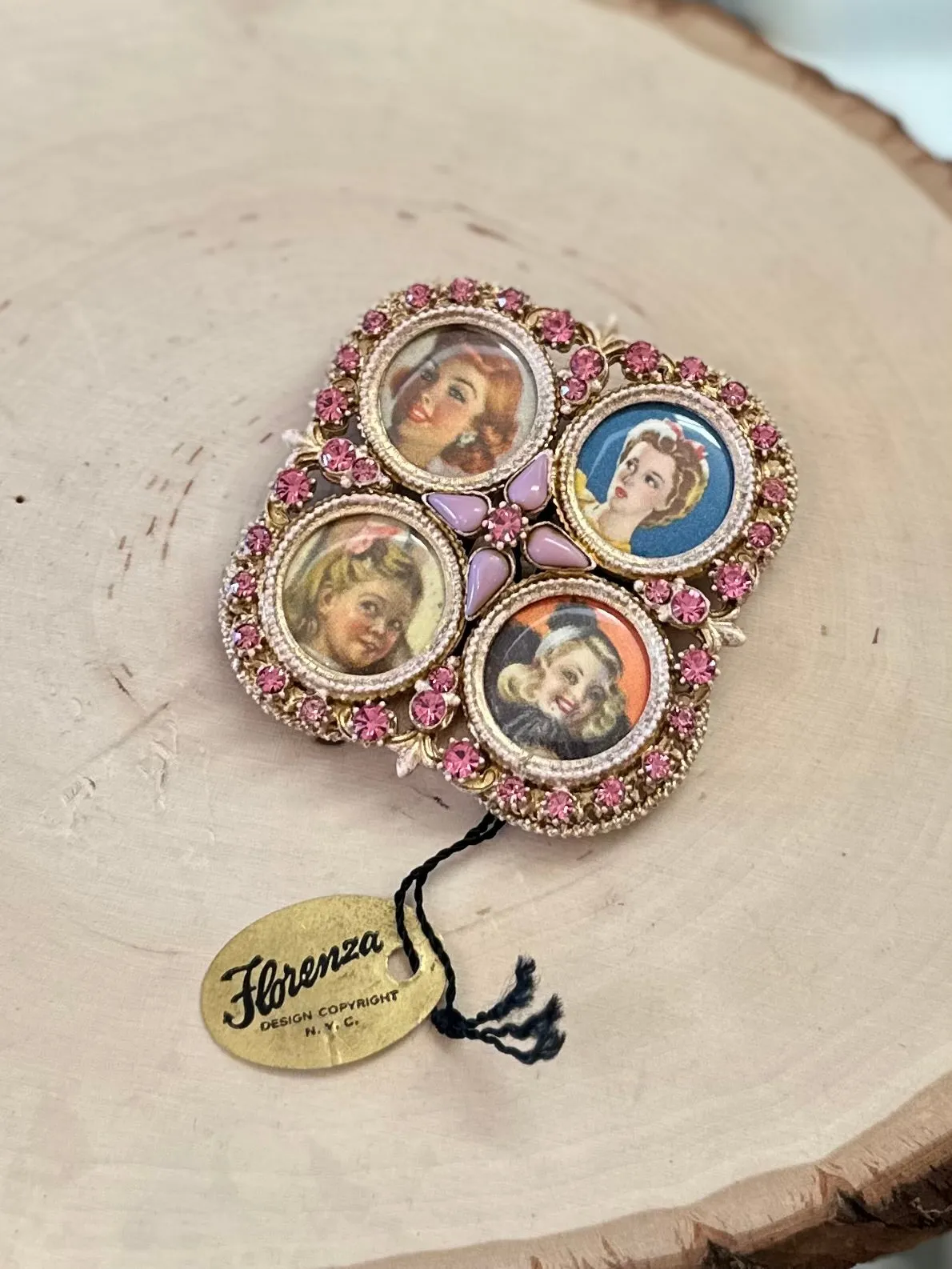 RARE Vintage Midcentury Signed FLORENZA Quartet 4 Picture Easel Back Photo Frame Gold Tone Pink Rhinestones