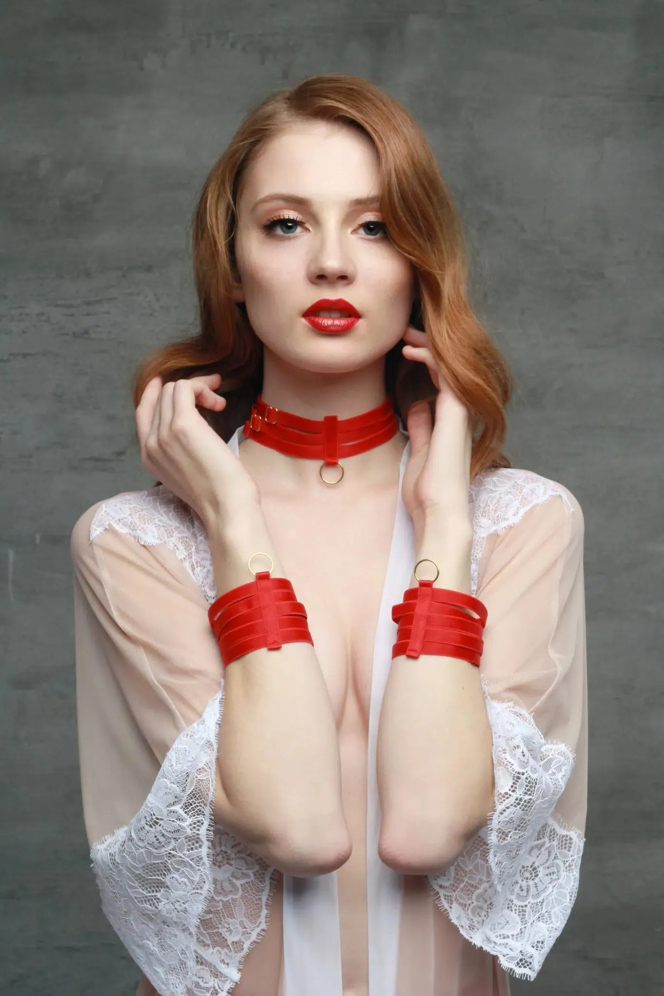 Red Bondage Choker with Gold Sliders and Ring
