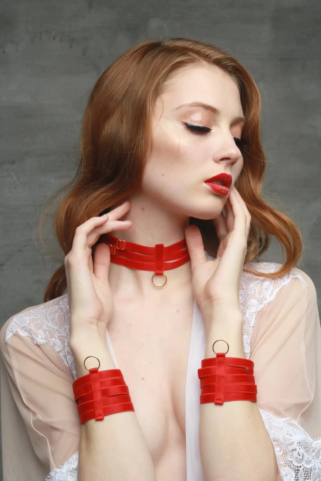 Red Bondage Choker with Gold Sliders and Ring