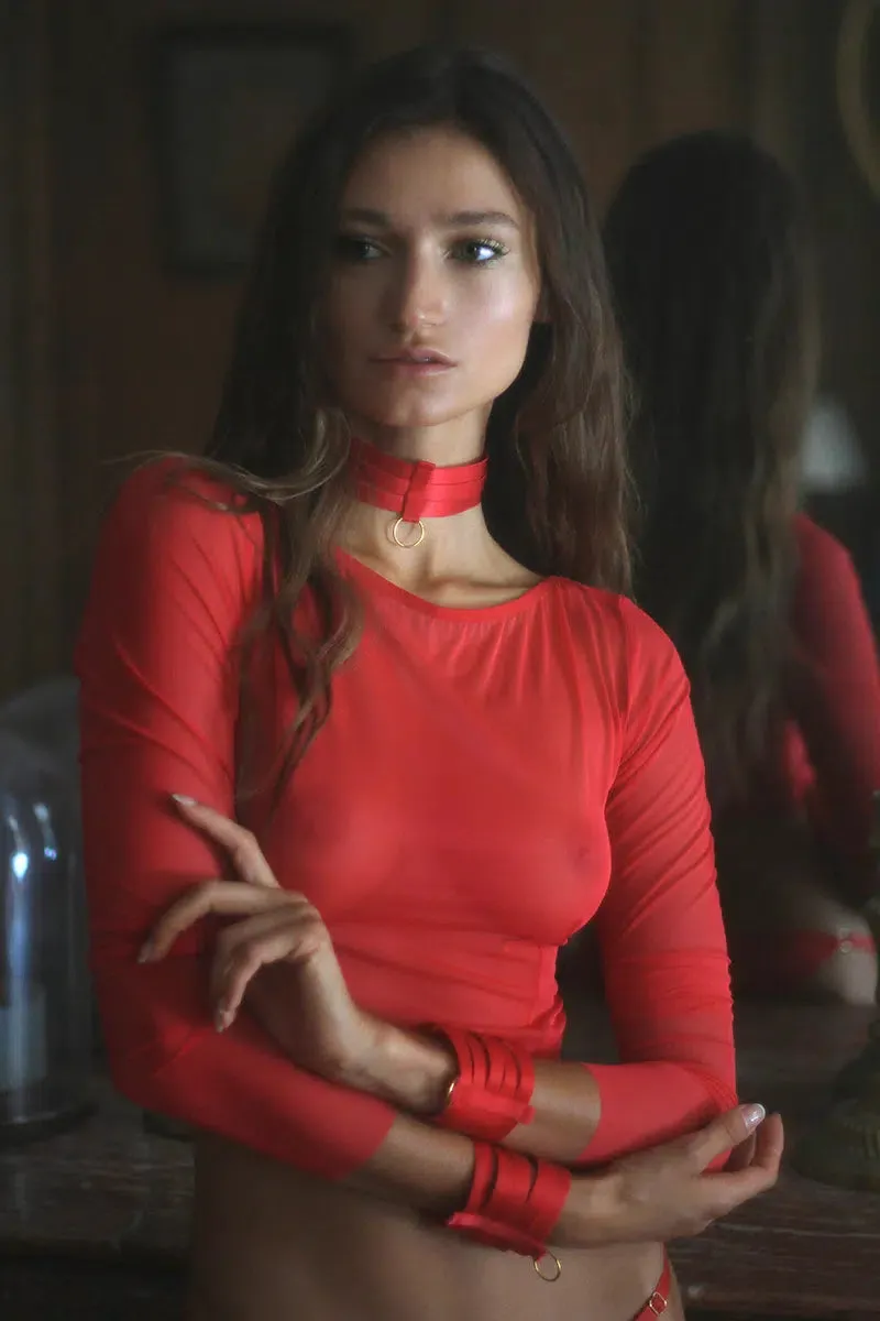 Red Bondage Choker with Gold Sliders and Ring