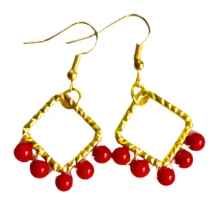 Red Coral Gold Wire-Wrapped Dangle Earrings