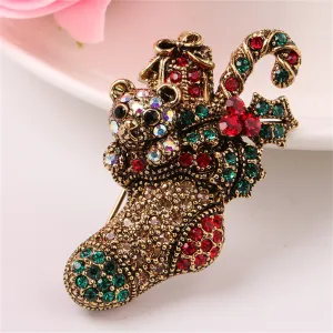 Red Cubic Zirconia & 18K Gold-Plated Christmas Gift Box Stocking Brooch