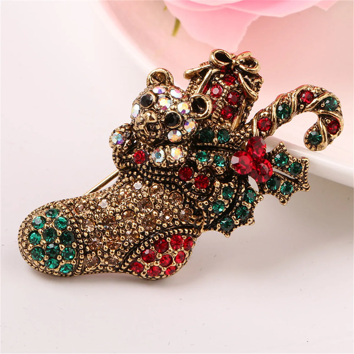 Red Cubic Zirconia & 18K Gold-Plated Christmas Gift Box Stocking Brooch