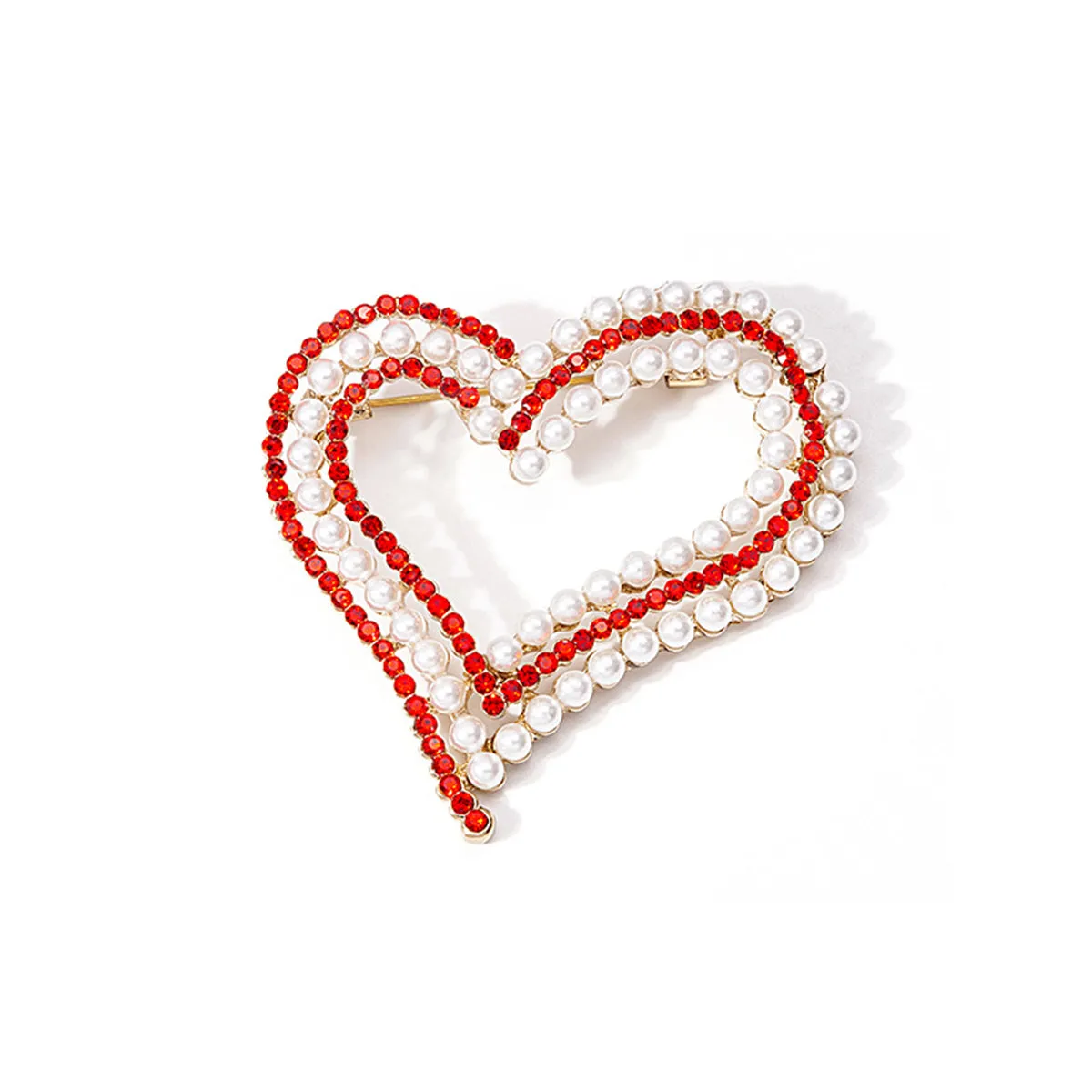 Red Cubic Zirconia & Pearl 18K Gold-Plated Heart Brooch