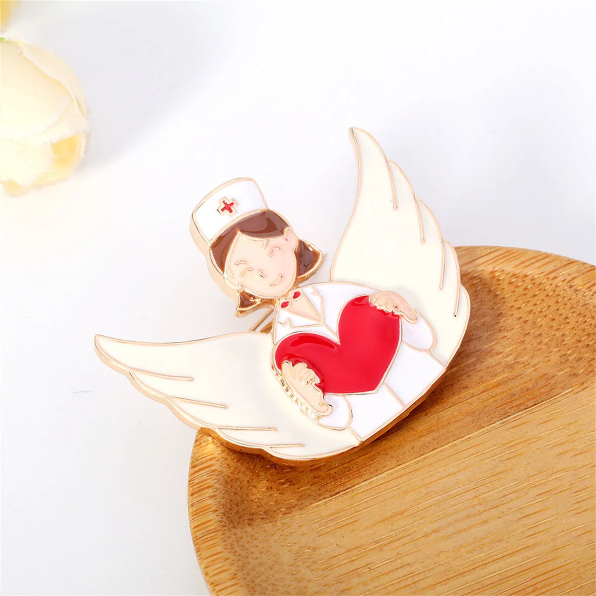 Red Enamel & 18K Gold-Plated Nurse Wing Heart Brooch
