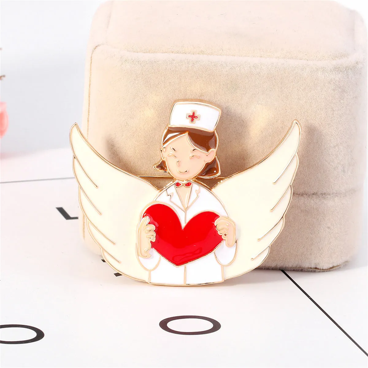 Red Enamel & 18K Gold-Plated Nurse Wing Heart Brooch