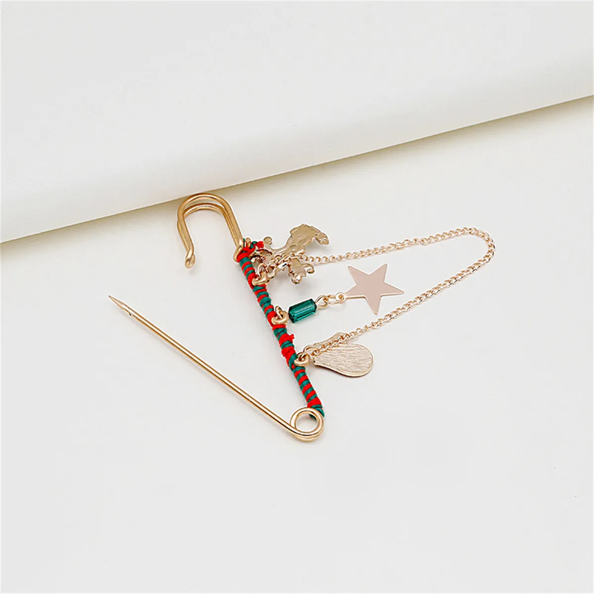Red Enamel & 18K Gold-Plated Reindeer & Mitten Chain Pin Brooch
