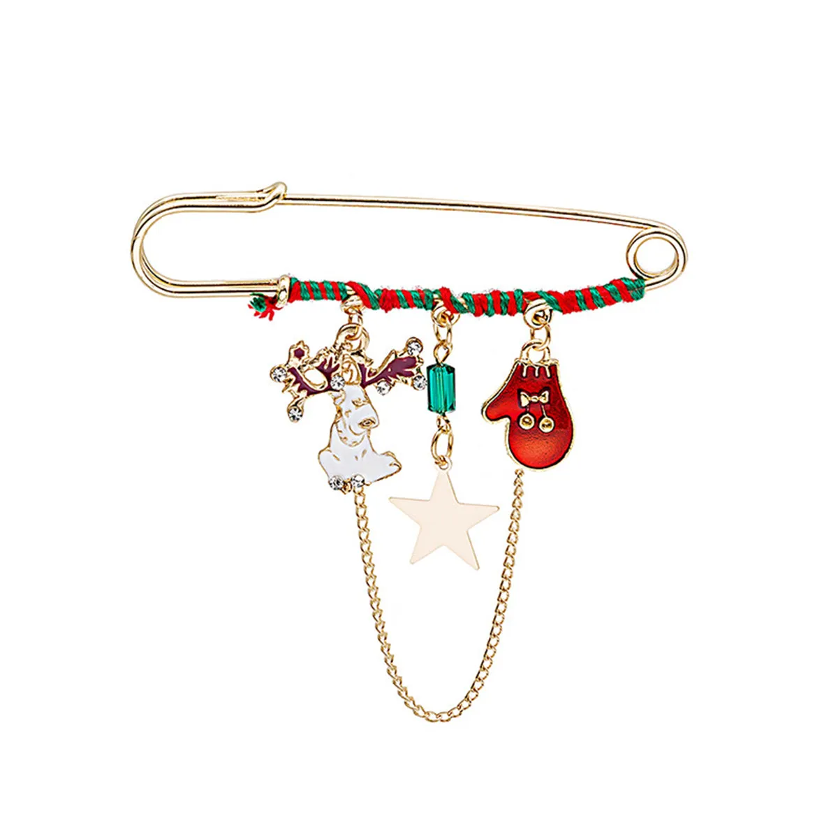Red Enamel & 18K Gold-Plated Reindeer & Mitten Chain Pin Brooch