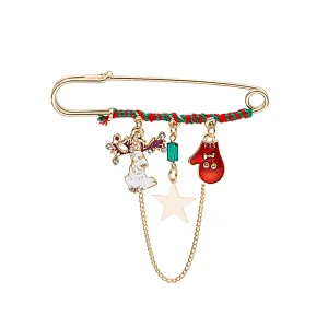 Red Enamel & 18K Gold-Plated Reindeer & Mitten Chain Pin Brooch