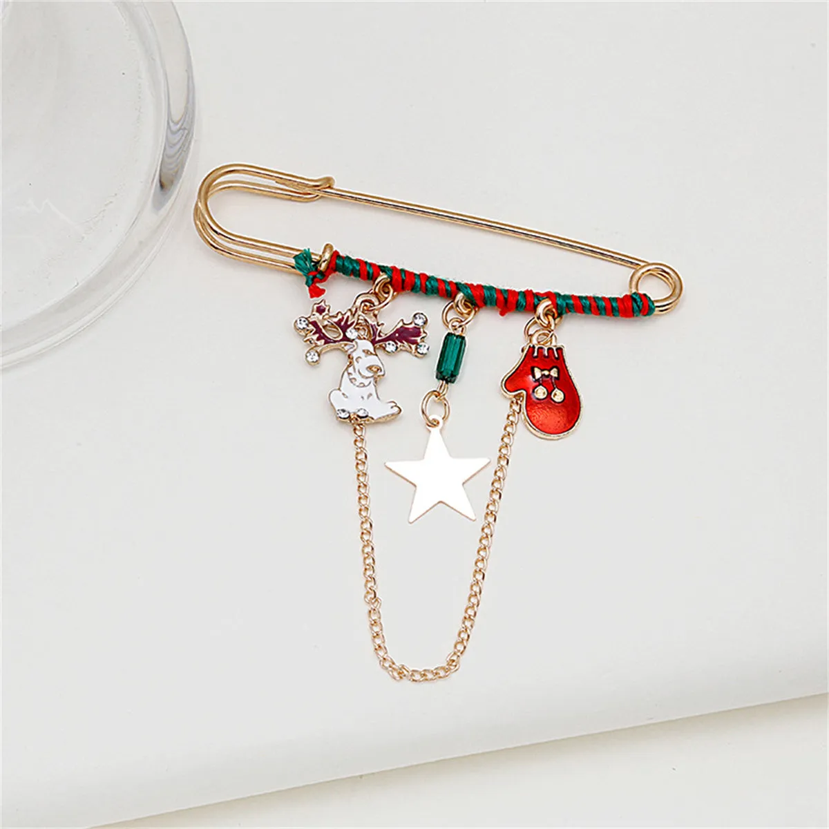 Red Enamel & 18K Gold-Plated Reindeer & Mitten Chain Pin Brooch