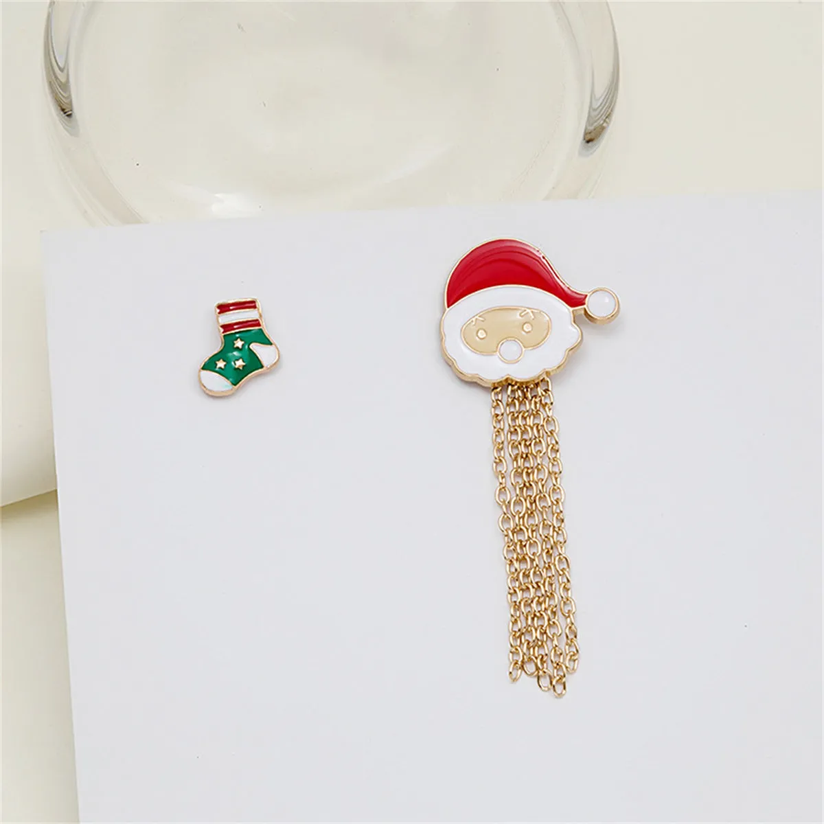 Red Enamel & 18K Gold-Plated Stocking Santa Tassel Brooch Set