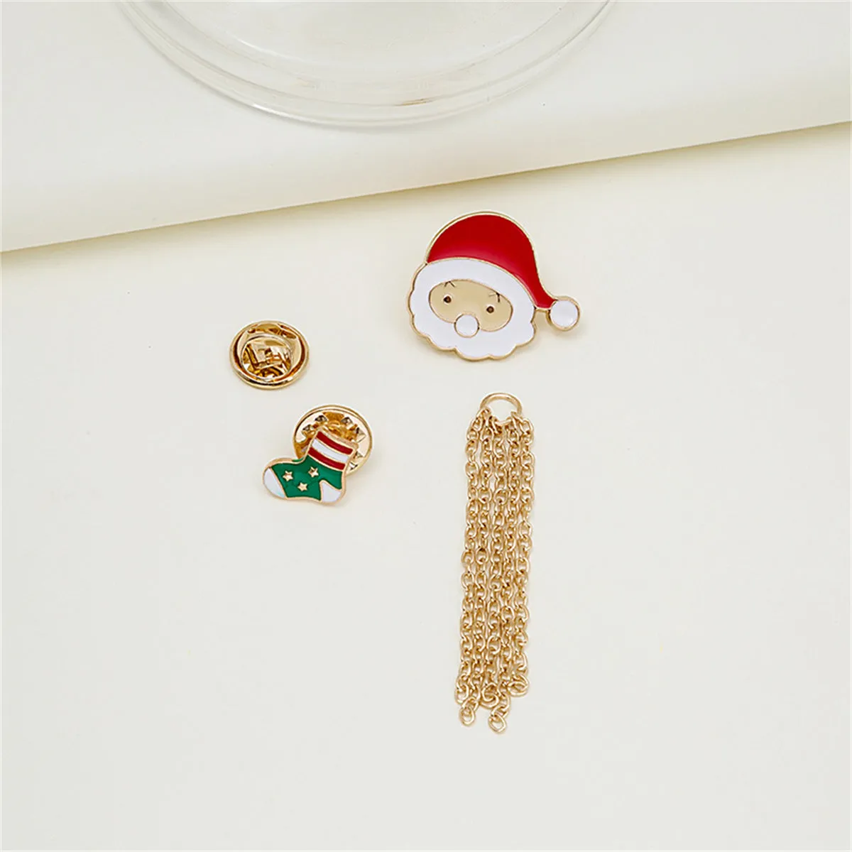 Red Enamel & 18K Gold-Plated Stocking Santa Tassel Brooch Set