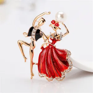 Red Enamel & Pearl 18K Gold-Plated Dancing Partner Brooch