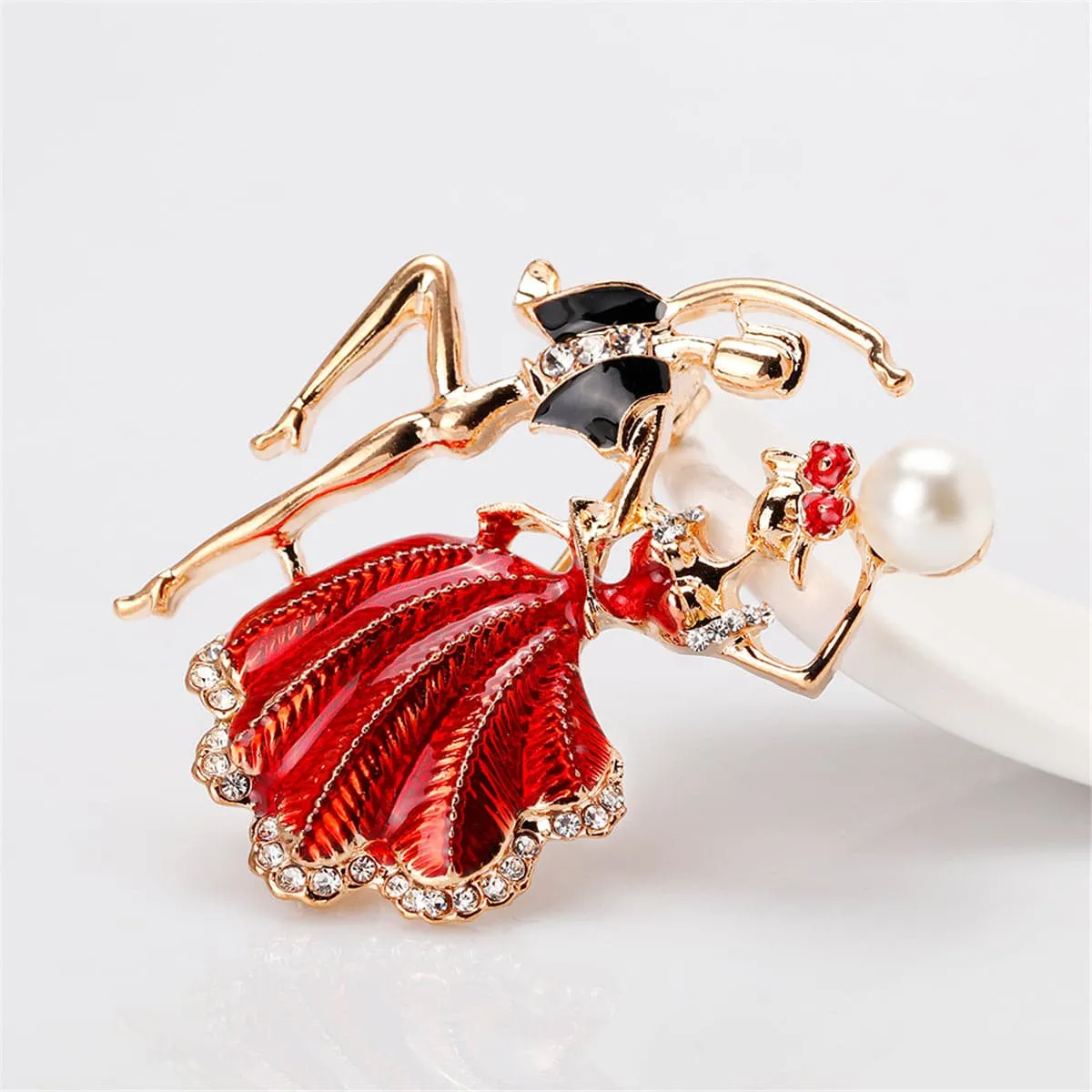 Red Enamel & Pearl 18K Gold-Plated Dancing Partner Brooch