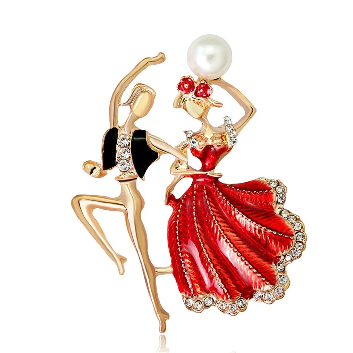 Red Enamel & Pearl 18K Gold-Plated Dancing Partner Brooch