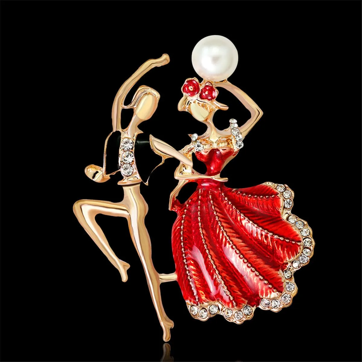 Red Enamel & Pearl 18K Gold-Plated Dancing Partner Brooch