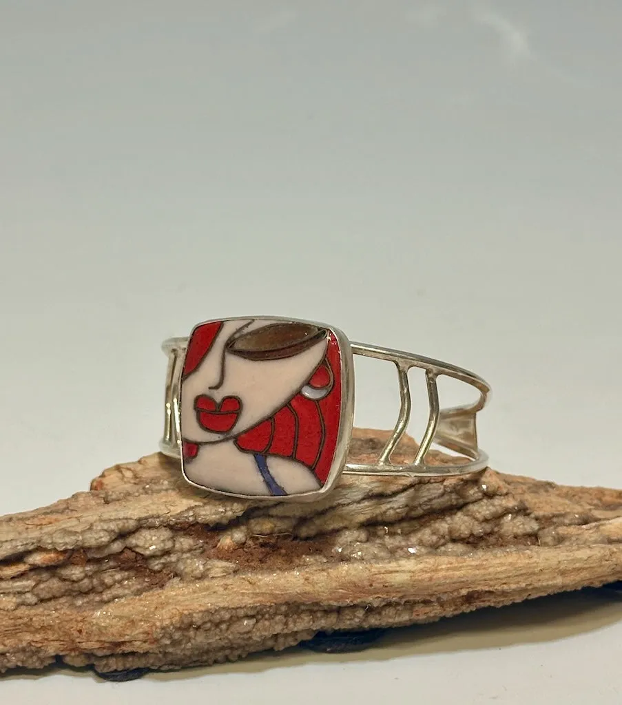 RED HEAD CLOISSONE´ AND STERLING SILVER CUFF WK64