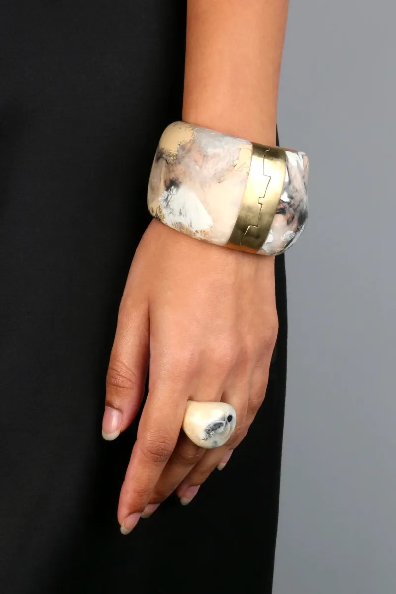 Resin Bold Stone Cuff In Sandy Pearl