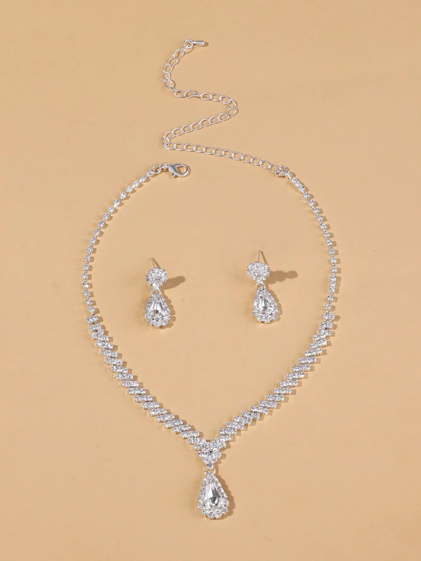 Rhinestone Water Drop Decor Necklace & Drop Earrings - Silver