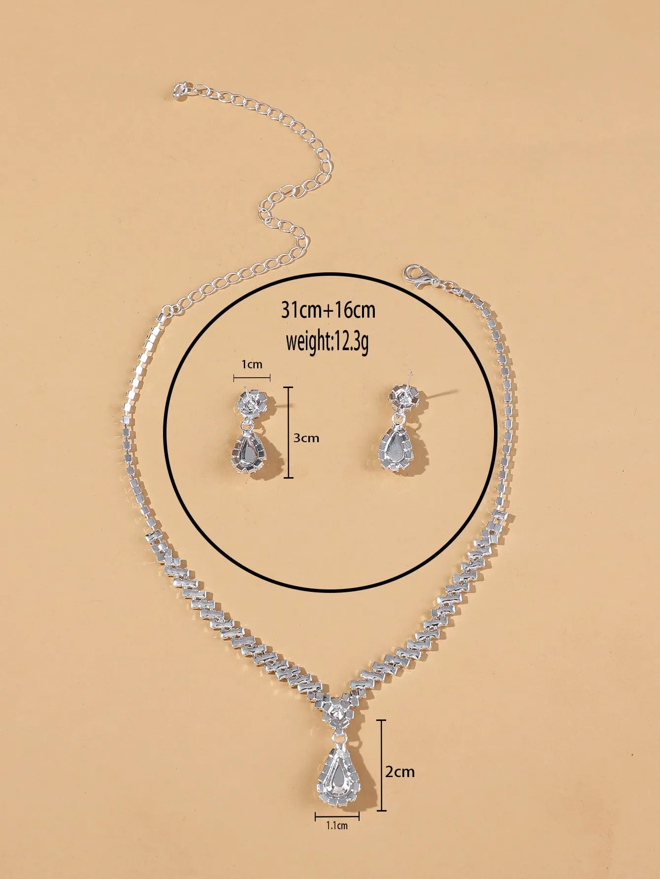 Rhinestone Water Drop Decor Necklace & Drop Earrings - Silver