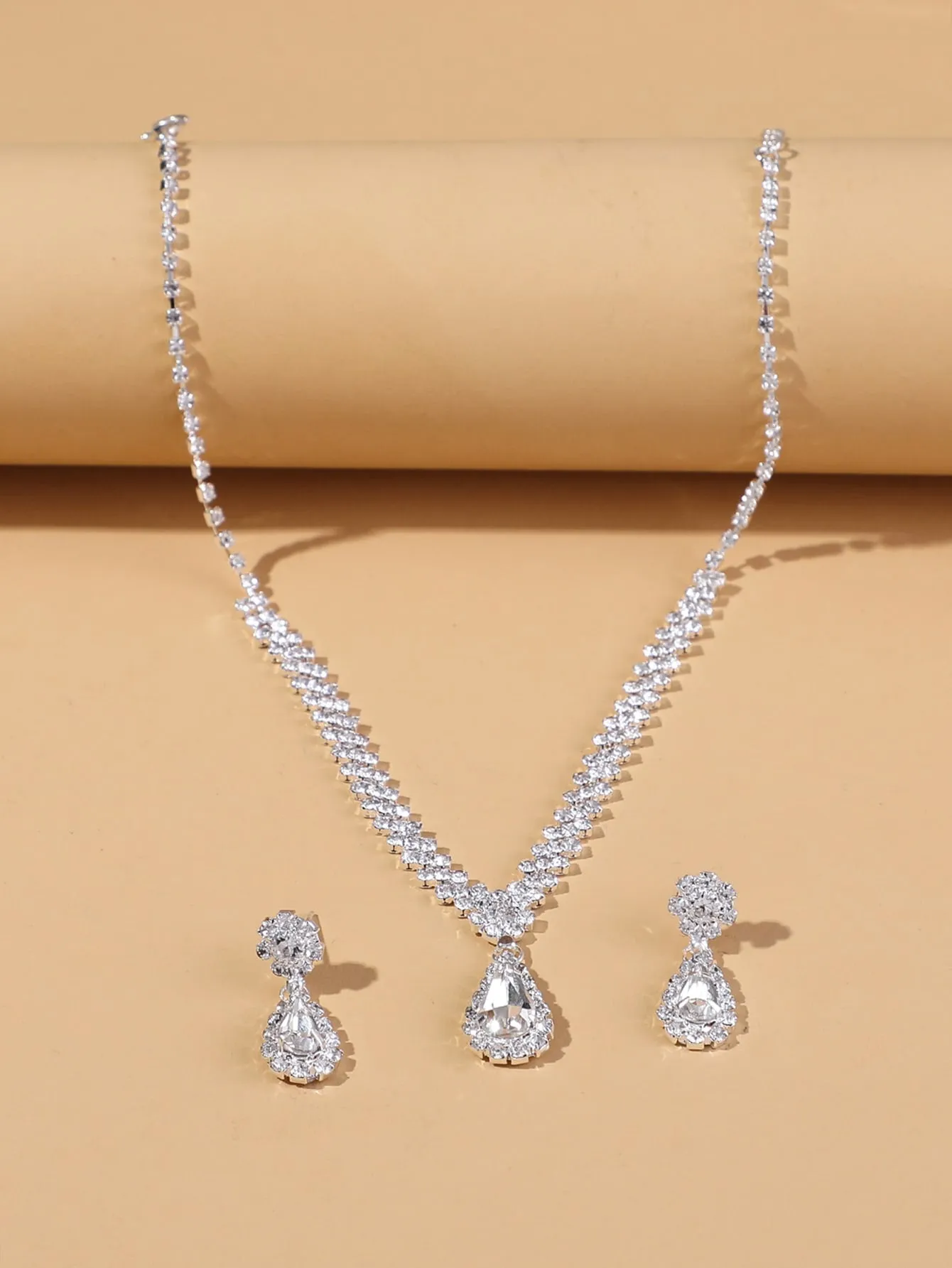 Rhinestone Water Drop Decor Necklace & Drop Earrings - Silver