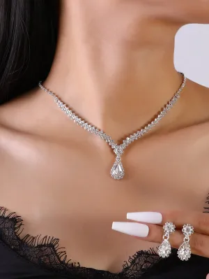 Rhinestone Water Drop Decor Necklace & Drop Earrings - Silver