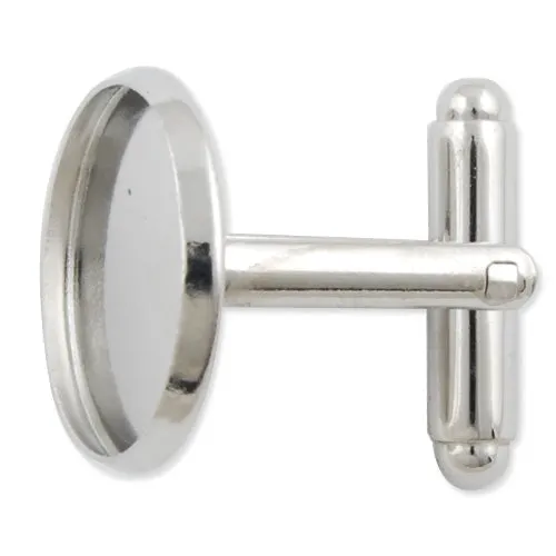 Rhodium Plated Cufflink Blanks with round bezel setting match 16mm cabochon