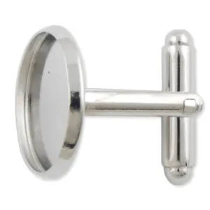 Rhodium Plated Cufflink Blanks with round bezel setting match 16mm cabochon