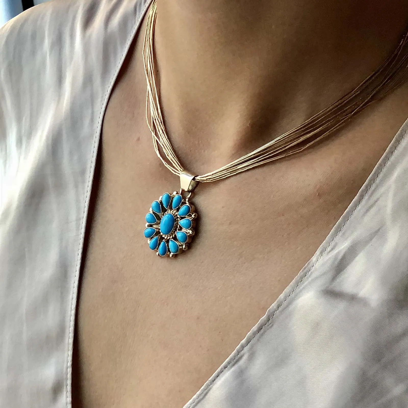 Robins Blue Firework 14K Liquid Gold Sleeping Beauty Necklace Adjustable Size