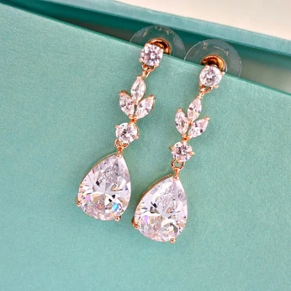 Rose Gold Cubic Zirconia Bridal Jewelry Set. CZ Crystal Wedding Necklace Set. Rose Gold Floral Vine Necklace Earrings Wedding Jewelry Set.