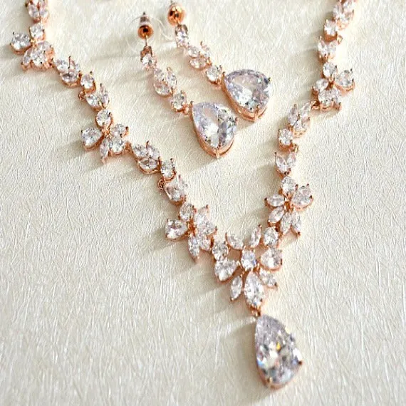 Rose Gold Cubic Zirconia Bridal Jewelry Set. CZ Crystal Wedding Necklace Set. Rose Gold Floral Vine Necklace Earrings Wedding Jewelry Set.