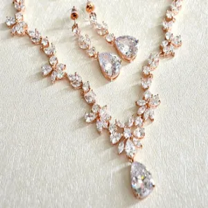 Rose Gold Cubic Zirconia Bridal Jewelry Set. CZ Crystal Wedding Necklace Set. Rose Gold Floral Vine Necklace Earrings Wedding Jewelry Set.