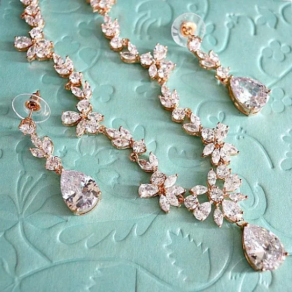 Rose Gold Cubic Zirconia Bridal Jewelry Set. CZ Crystal Wedding Necklace Set. Rose Gold Floral Vine Necklace Earrings Wedding Jewelry Set.