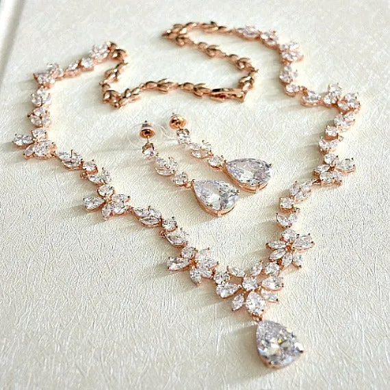 Rose Gold Cubic Zirconia Bridal Jewelry Set. CZ Crystal Wedding Necklace Set. Rose Gold Floral Vine Necklace Earrings Wedding Jewelry Set.
