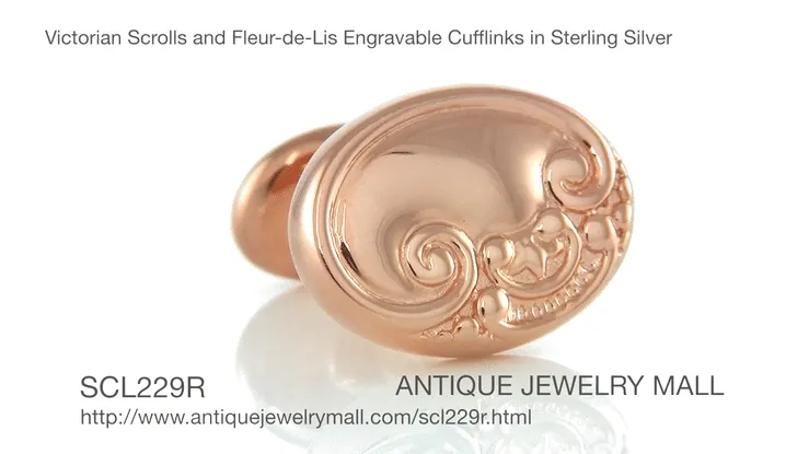 Rose Gold Cufflinks  - Victorian Scrolls and Fleur-de-Lis Engravable Cufflinks in Sterling Silver Vermeil