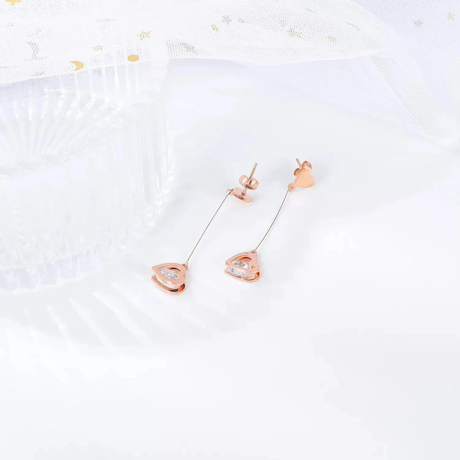 Rose Gold Open Hearts Dangle Earrings For Women