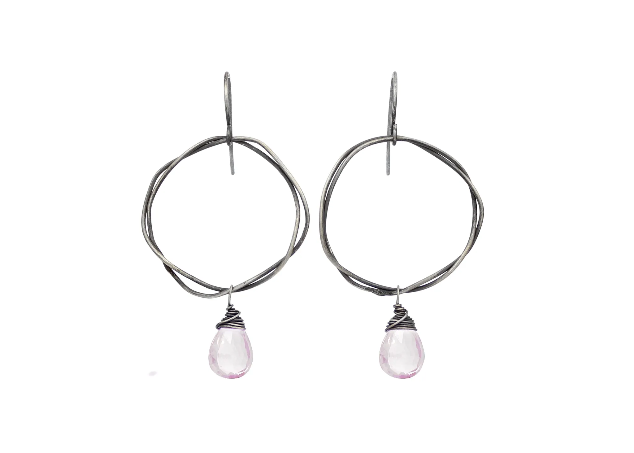Rose Quartz Oxidized Sterling Silver Organic Circle Dangle Earrings